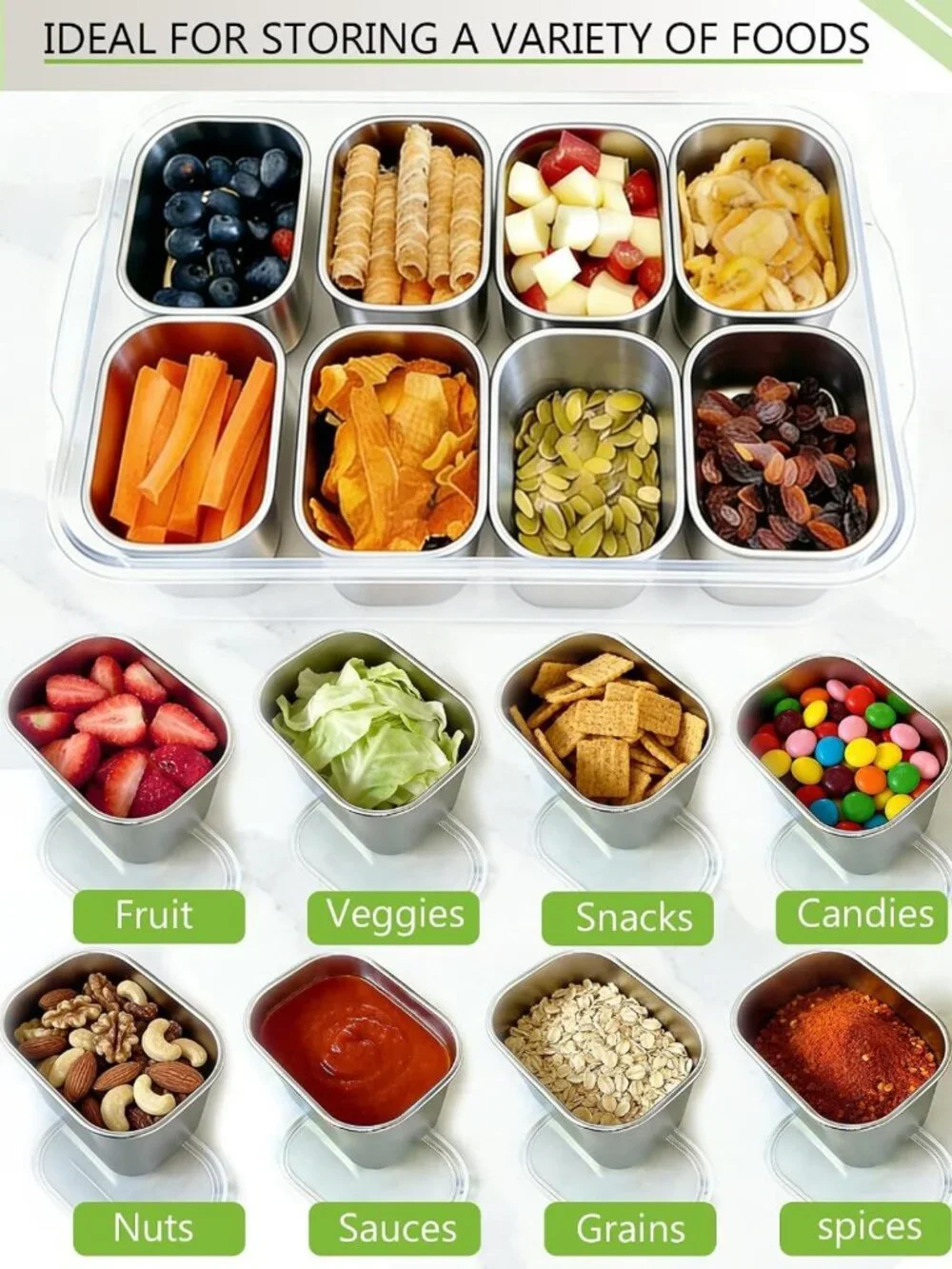 Large Stainless Steel Snack Tray with Lid & Handle - 8-Compartment Serving